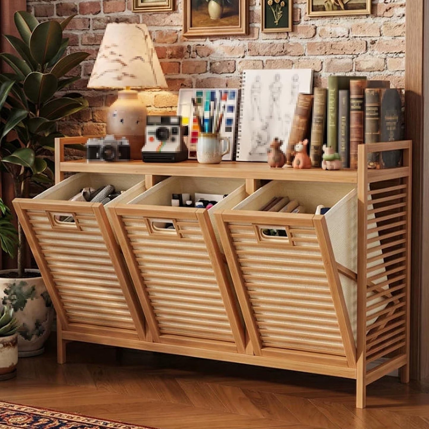 Bamboo Hidden Tilt-Out Laundry Hamper, 3 Compartment Laundry Sorter with Removable Waterproof Liner, Slim Organizer for Bathroom Bedroom Laundry Room