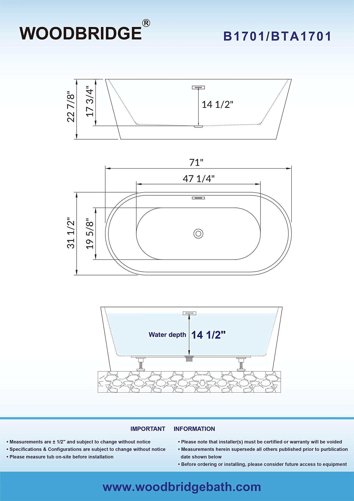 WOODBRIDGE 71" Acrylic Freestanding Bathtub Contemporary Soaking White Tub with Chrome Overflow and Drain,B1701-C