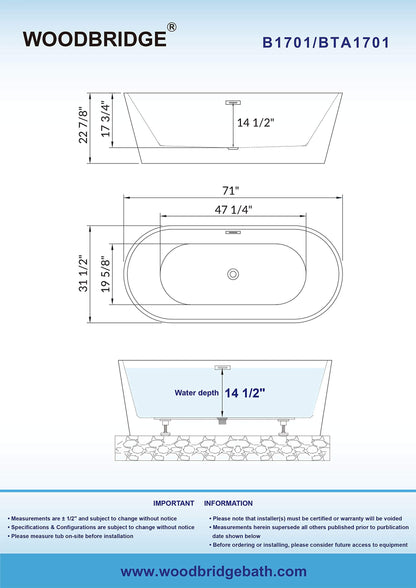 WOODBRIDGE 71" Acrylic Freestanding Bathtub Contemporary Soaking White Tub with Chrome Overflow and Drain,B1701-C