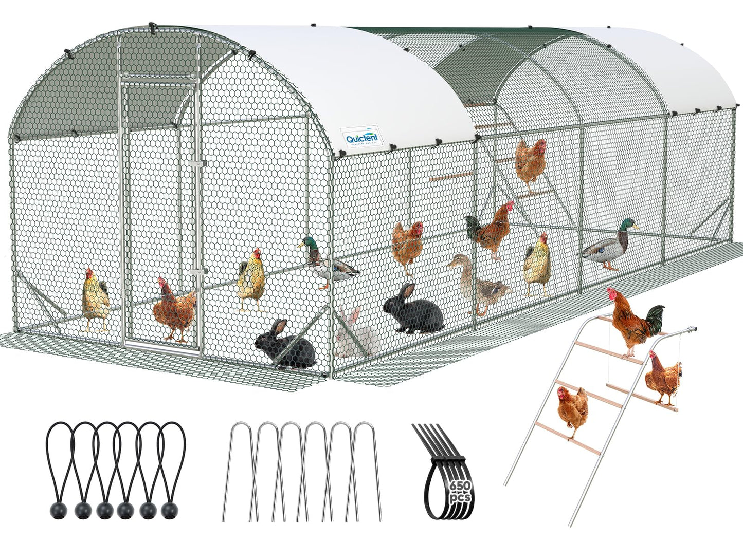 Quictent Essential Series 24x9x6.6ft Metal Chicken Coop Run with Climbing Ladder, Walk-in Outdoor Poultry Cage with PVC Coated Chicken Wire, Hen Duck Rabbit Farm House, Waterproof Anti-UV Cover