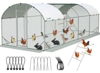 Quictent Essential Series 24x9x6.6ft Metal Chicken Coop Run with Climbing Ladder, Walk-in Outdoor Poultry Cage with PVC Coated Chicken Wire, Hen Duck Rabbit Farm House, Waterproof Anti-UV Cover