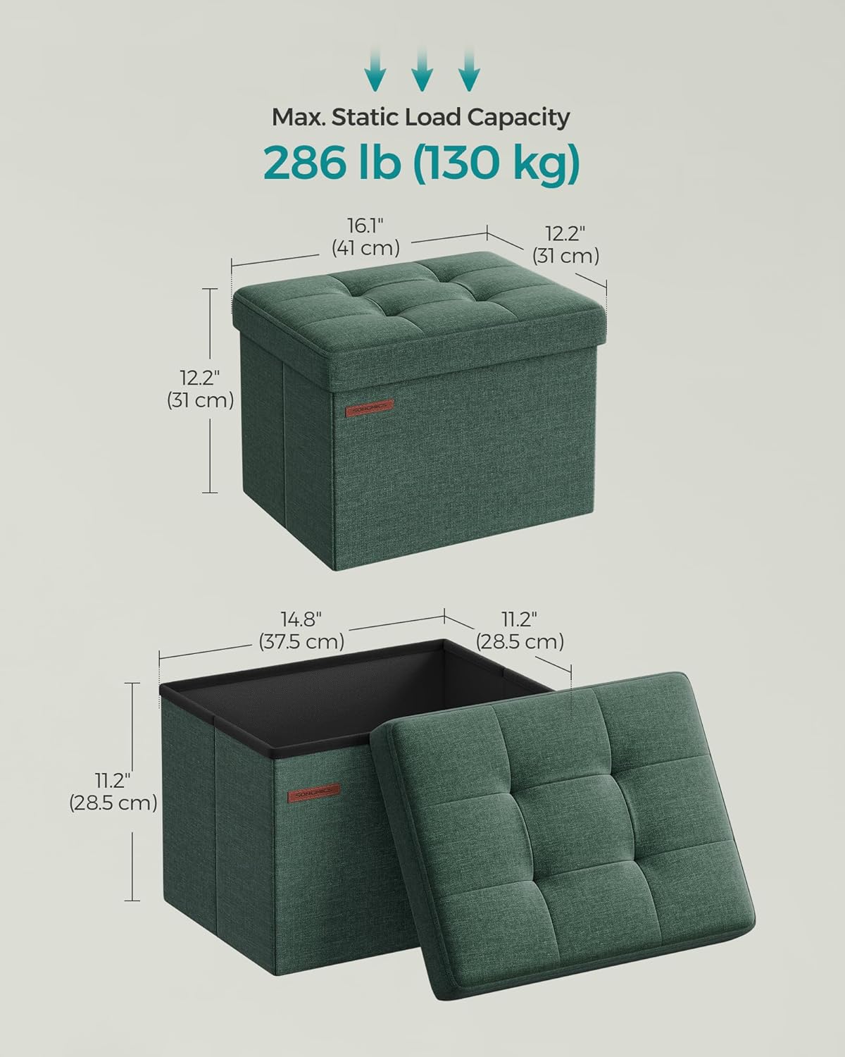 12.2 16.1 12.2 Inches, 286 lb ULSF102C01 SONGMICS Mazie Collection - Small Folding Storage Ottoman, Foot Rest Stool, x