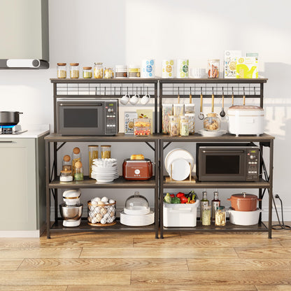 Furologee Kitchen Bakers Rack with Power Outlet, Microwave Oven Stand with Storage 4 Tiers, Coffee Bar Table with 6 S Hooks, Kitchen Storage Shelf Rack for Spices, Pots, Rustic Brown
