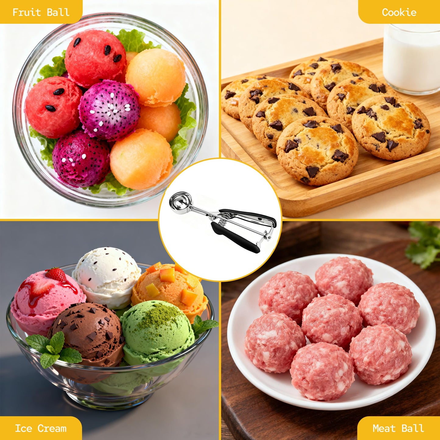 KEETARA Cookie Scoop Set, Cookie Scoops for Baking Set of 3, Cookie Dough Scoop, Small/Large Ice Cream Scoop, 1/2/3 Tbsp Cookie Scoop with Trigger, Ice Cream Scooper, 18/8 Stainless Steel, Non-Slip