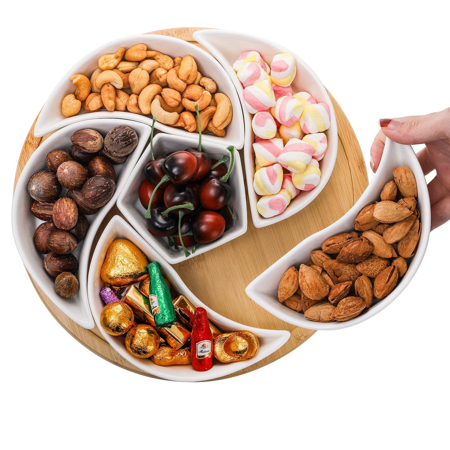 Cididu Ceramic Serving Tray Platters Lazy Susan, Rotating Divided Serving Set with 6 Removable Compartment, 11'' Appetizer Relish Dish, Snack Bowl Set for Christmas, Thanksgiving, Party, Kitchen