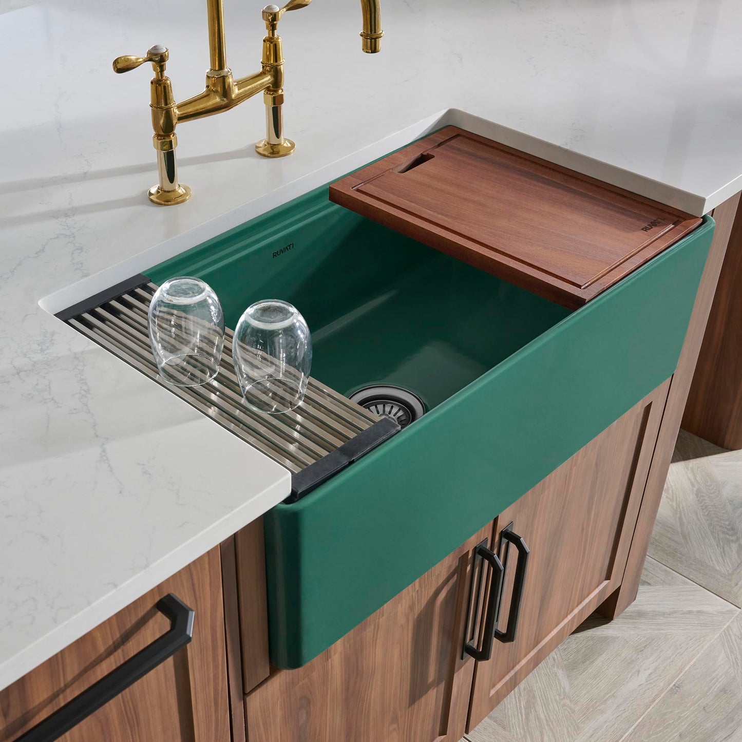 Ruvati 33 inch Fireclay Workstation Emerald Green Farmhouse Kitchen Sink Apron Front Single Bowl - RVL2387EG