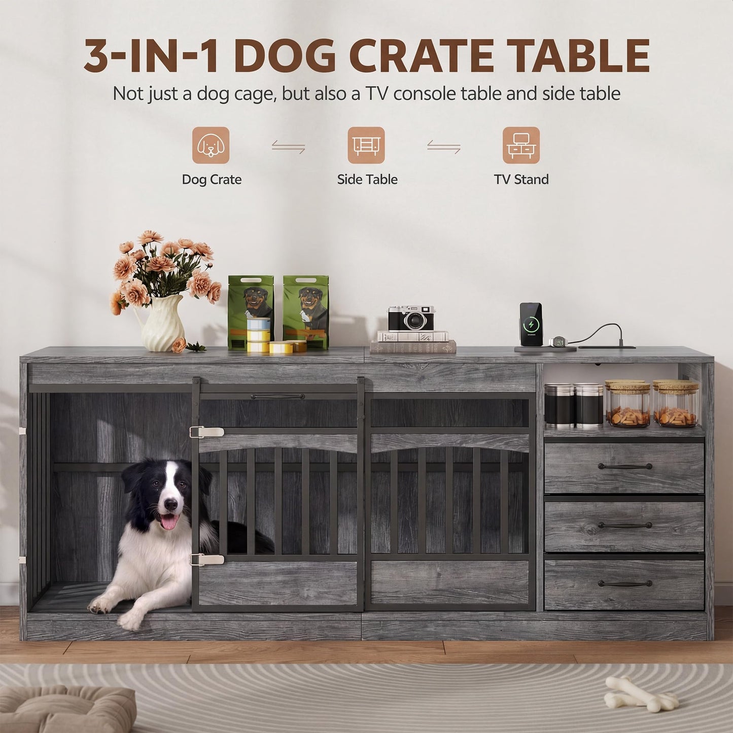 Homiflex 68.9" Large Dog Crate Furniture with 3 Storage Drawers Farmhouse Dog Kennel TV Stand Indoor for Large Medium Dogs Decorative Dog Cage with Sliding Barn Door & Power Outlet Grey