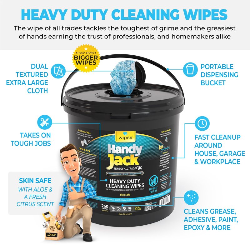 Wipex Handy Jack Heavy Duty Wipes, Dual Texture Cleaning Cloth, Use on Hands, Equipment, Tools - Removes Paint, Adhesives, Oil, Grease, & Dirt, Bulk Size, 260 Count (Pack of 1)