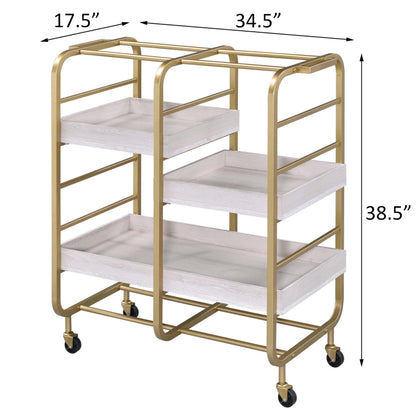 Adigyco Gold and White Washed Serving Cart with 3 Adjustable Trays