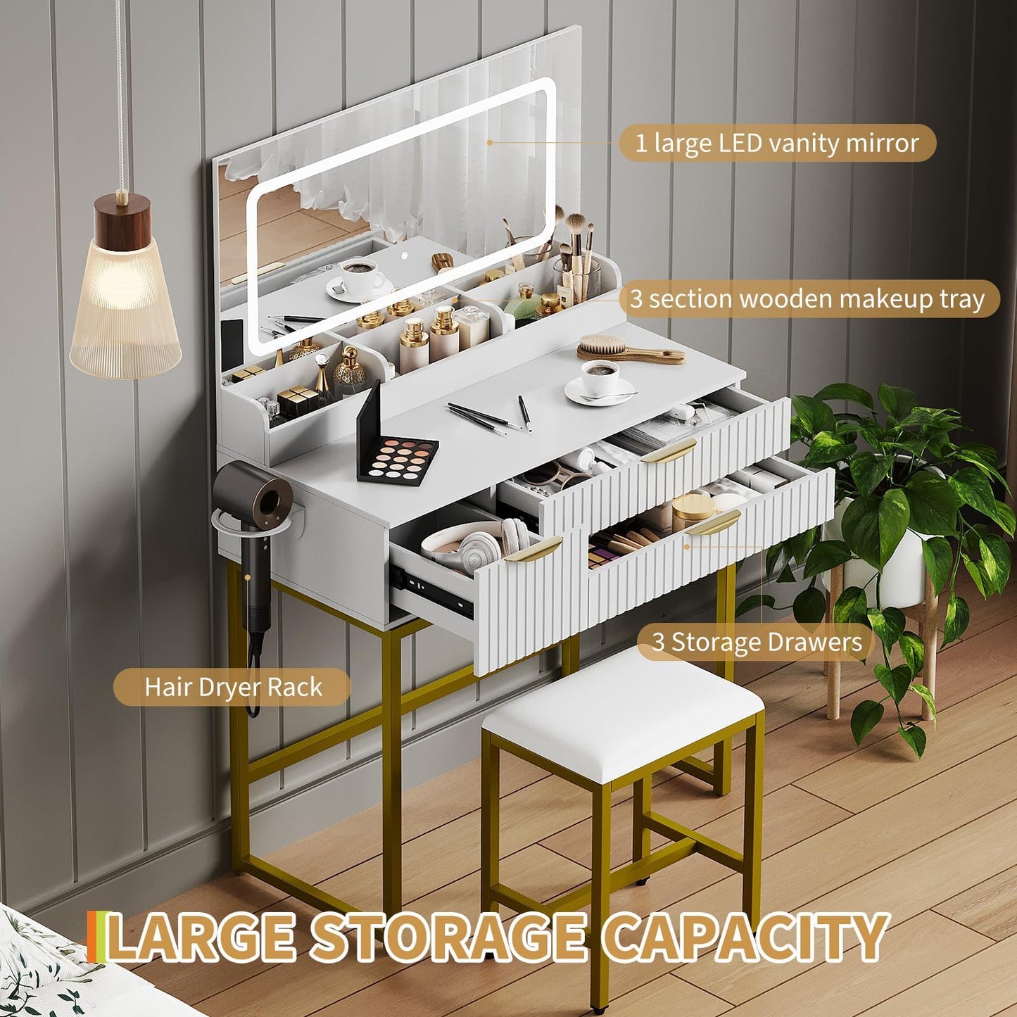 GAOMON 31.5" Glass Top Vanity Desk with LED Mirror – 3 Lighting Modes, Power Outlet, 3 Drawers, Hair Dryer Rack, Stool, Modern Makeup Table for Bedroom, White Board + Gold Metal Frame