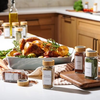 Glass Spice Jars with Label Set, Bamboo Lids & Funnel - Kitchen Airtight Storage Jars with Lids - Spices and Seasonings Sets Organizer, Spice Glass Jar with Lid Food Canister Bottle Sugar Shaker