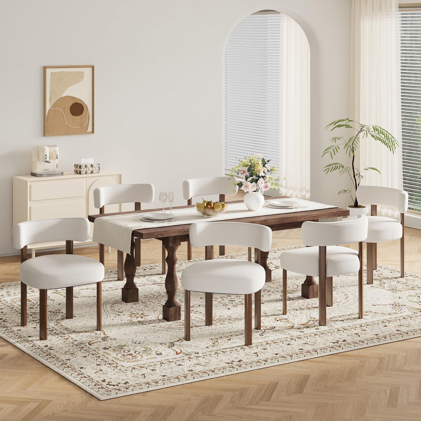 smartue Wooden Dining Chairs Set of 6, Upholstered Kitchen Chairs with Solid Wood Legs, Mid Century Dining Room Chair with Ergonomic Curved Backrest for Kitchen Dining Vanity, Beige