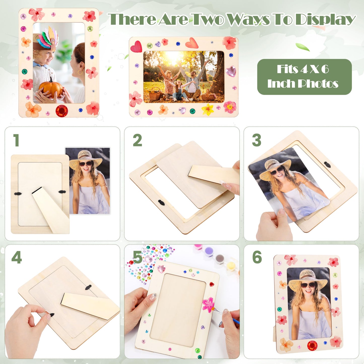 Fovths 10 Pcs Wooden Picture Frames for Crafts, 4 x 6 Inch DIY Wood Frames with Gem Stickers Acrylic Paint Brushes Palette, Unfinished Wood Photo Frame for DIY Painting Arts Projects Decorate