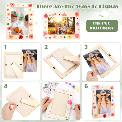 Fovths 10 Pcs Wooden Picture Frames for Crafts, 4 x 6 Inch DIY Wood Frames with Gem Stickers Acrylic Paint Brushes Palette, Unfinished Wood Photo Frame for DIY Painting Arts Projects Decorate