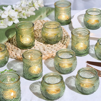 12pcs Assorted Green Votive Candle Holders for Wedding Table Decorations, Glass Tea Lights Candle Holder for Bridal