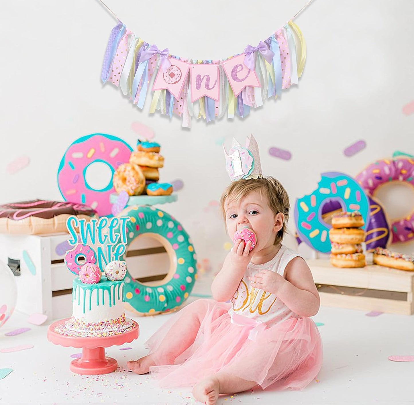 Agkvw 1st Donut High Chair Banner for Birthday - Sweet One Cake Smash Decorations, Grow Up Theme