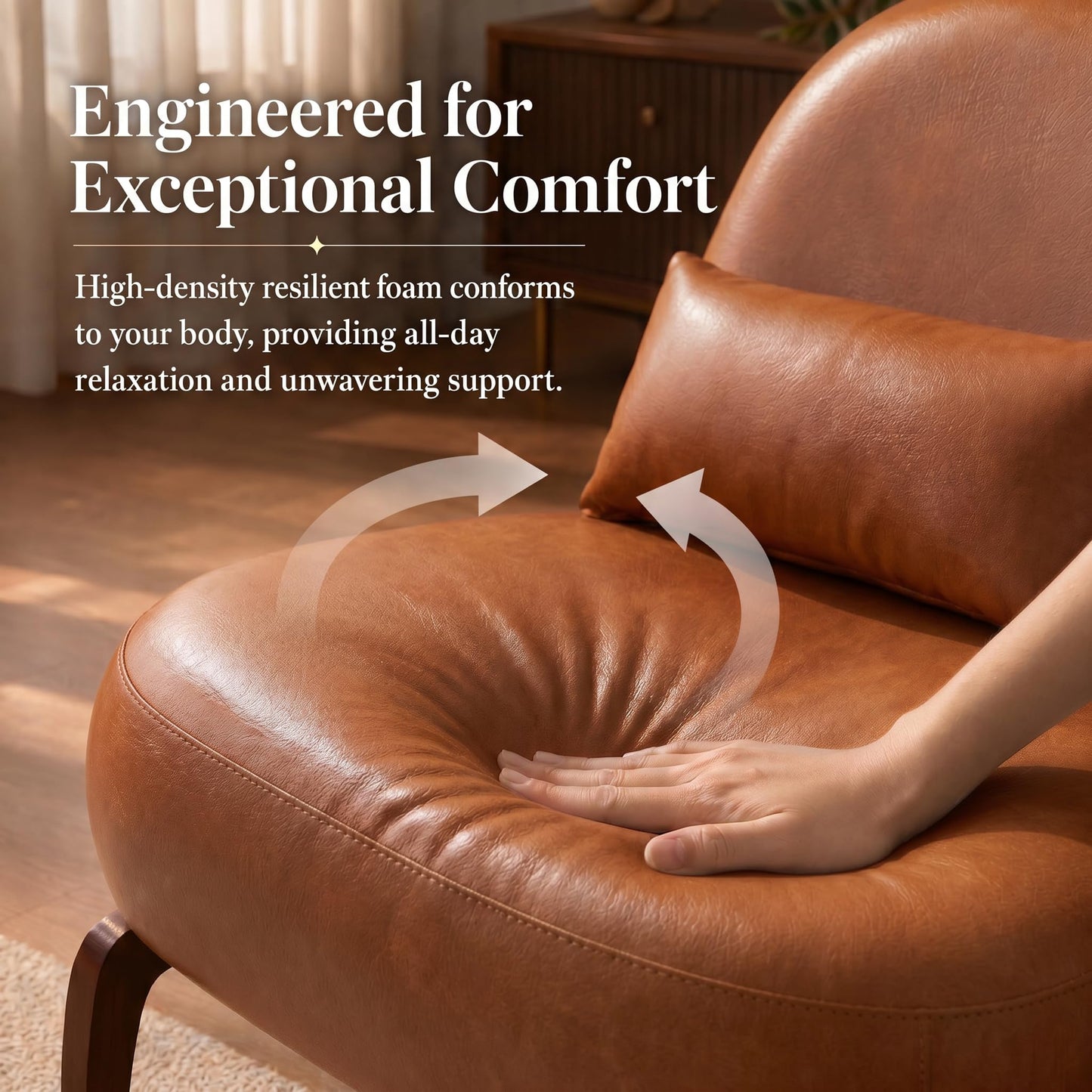Trygoal Mid Century Modern Leather Armless Accent Chair, MCM Curved Back Lounge Chairs with Tilted Solid Wood Legs & Thick Lumbar Pillow, Single Cloud Sofa for Living Room Reading Nook (Brown)