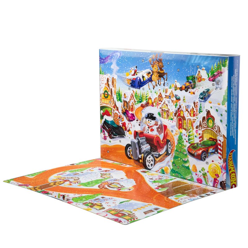 Hot Wheels Toy Cars & Playset, 2025 Advent Calendar with 10 Vehicles in 1:64 Scale, 10 Ornament Clips & 14 Winter-Themed Accessories