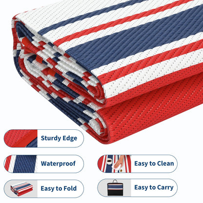 IDEALHOUSE Outdoor Rug 9x18 Ft, Waterproof Plastic Reversible Rug, Modern Camping Mat for Outdoors, RV, Patio, Backyard, Deck, Picnic, Beach, Trailer(Red & Navy & White)