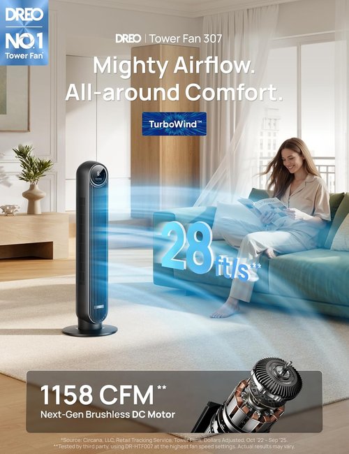 DREO Tower Fan - Ultra Quiet Bladeless Design with 8 Speeds & 90° Oscillation | High Velocity 28ft/s, Black