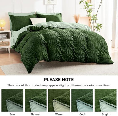 HYMOKEGE King Size Comforter Set - Dark Green & Sage Green Seersucker | 7-Piece All-Season Luxury Bedding Set