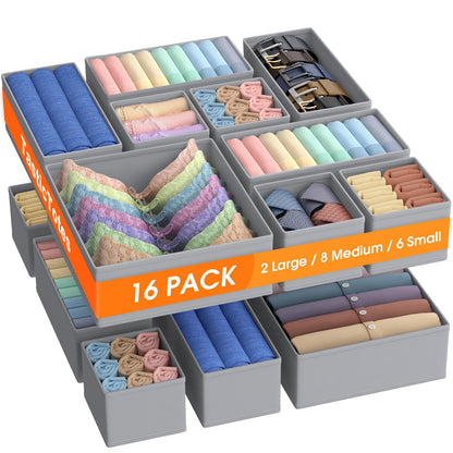 TasticTotes Drawer Organizer Clothes, 16 Pack Drawer Organizers and Underwear Organizer for Nursery, Dividers Clothes Organizer, Closet Organization and Foldable Storage Bins for Socks, Bra, Tie, Grey