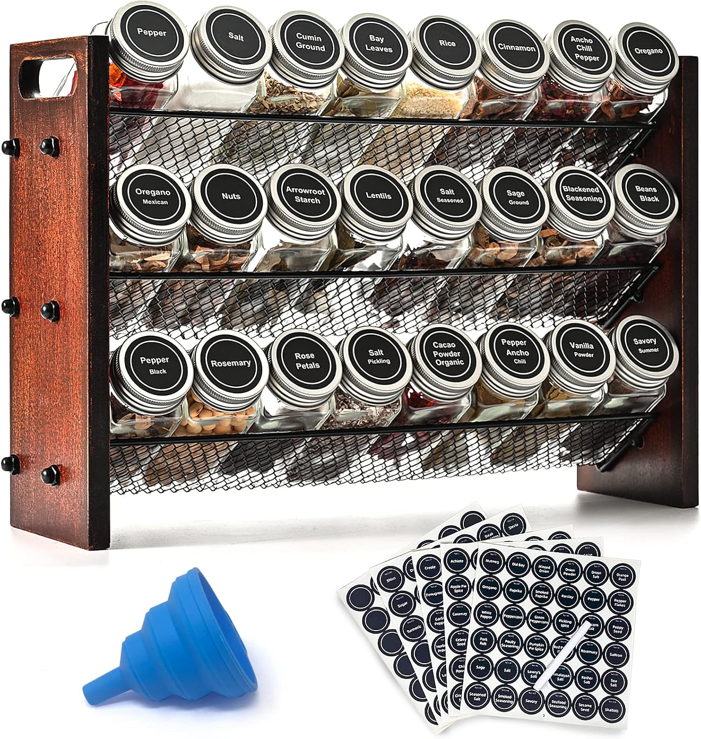 Spice Rack Organizer for Cabinet, Wooden Spice Jar Organizer with 24 Empty Jars and 180 Spice Labels for Kitchen