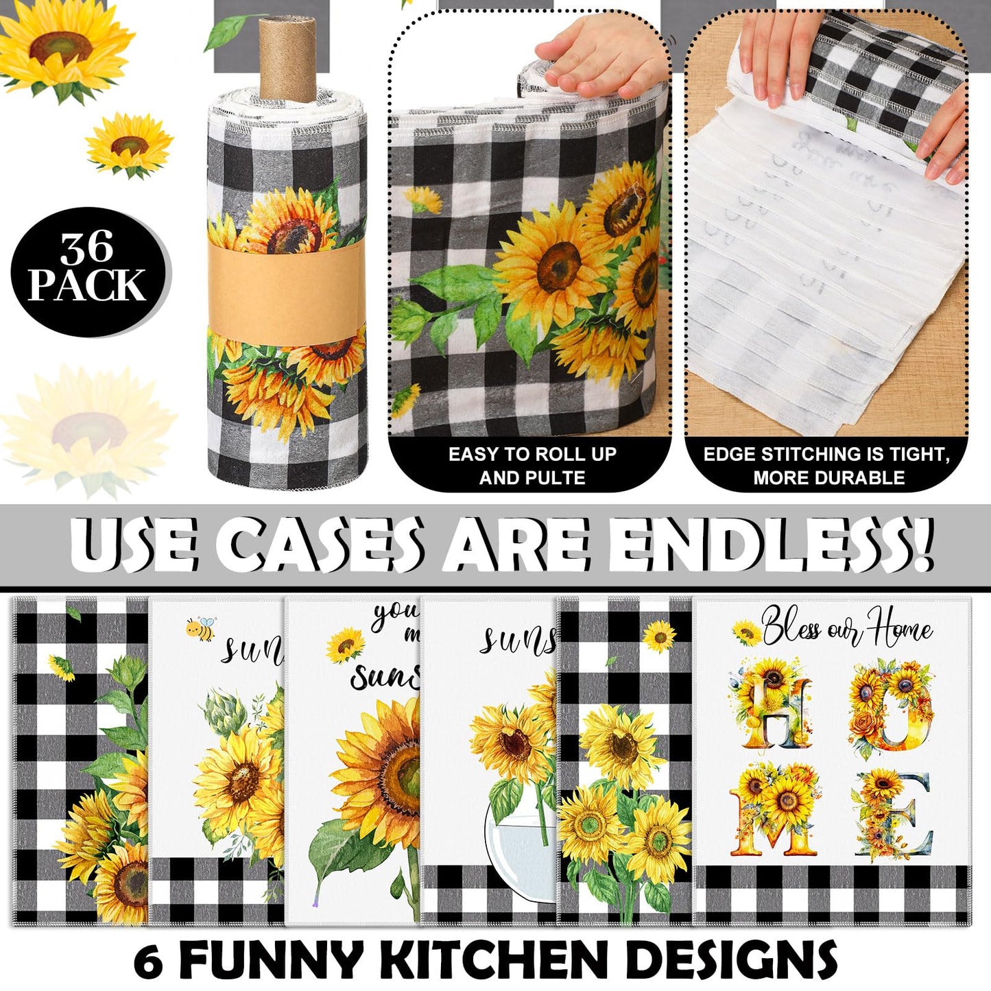 Mindsoft 36 Pcs Spring Sunflower Reusable Paper Towels Rolls Sunshine Washable Bulk Spring Kitchen Towels Paperless Reusable Cloth Cotton Napkins with Cardboard for Kitchen Bathroom Home Decor
