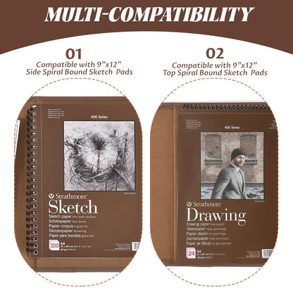 Plinyvel Leather Sketchbook Cover for 9x12 - Travel Portfolio Case with Storage, Holds Large Sketch Book & Spiral Pad | All-in-One Artist Organizer with Pencil Holder (Brown)