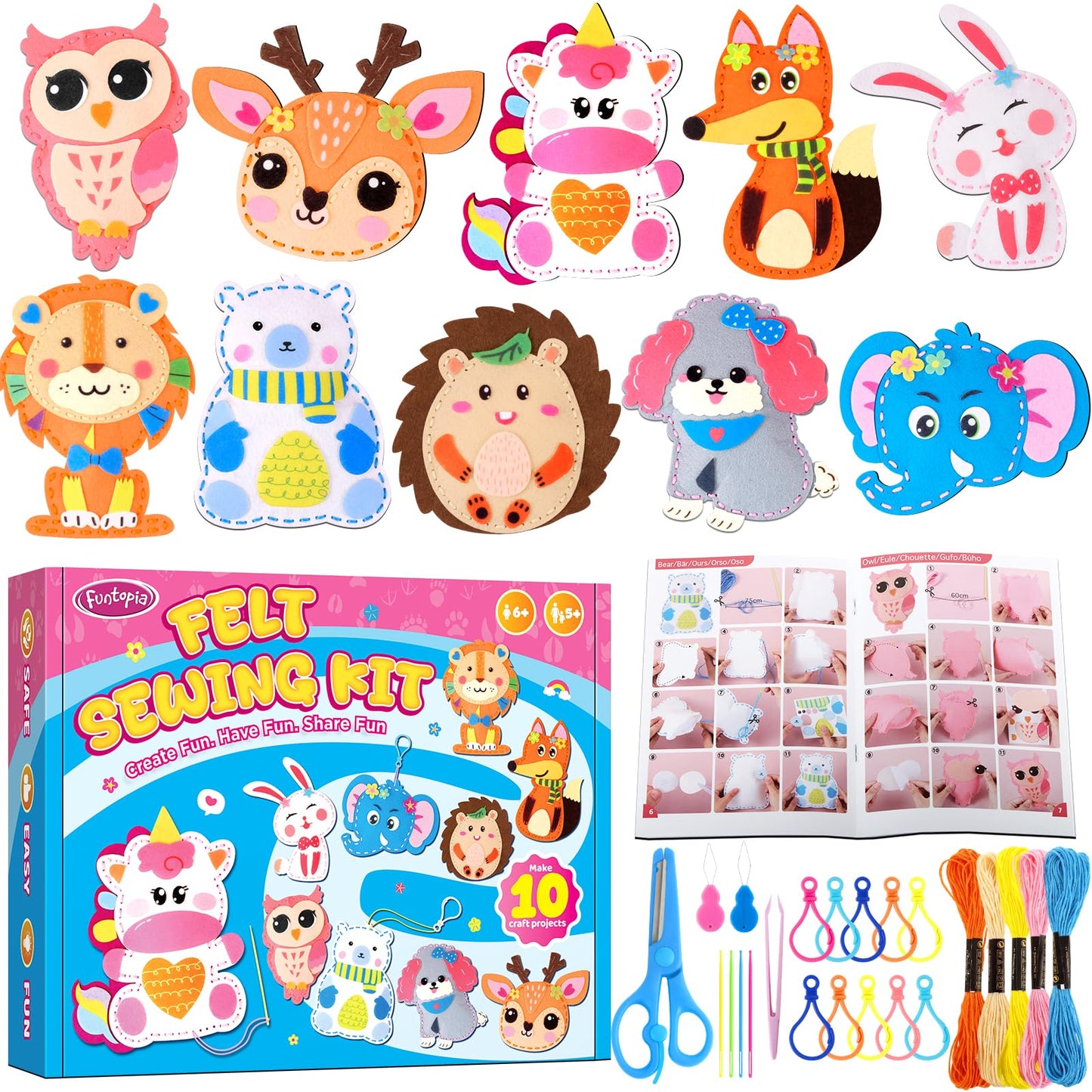 Funtopia Sewing Kit for Kids, 10 Easy DIY Projects of Stuffed Animal with Guiding Book, Beginners Sewing Toys and Birthday Gift for Girls Boys, Felt Arts and Crafts for Kids Ages 5-8 8-12