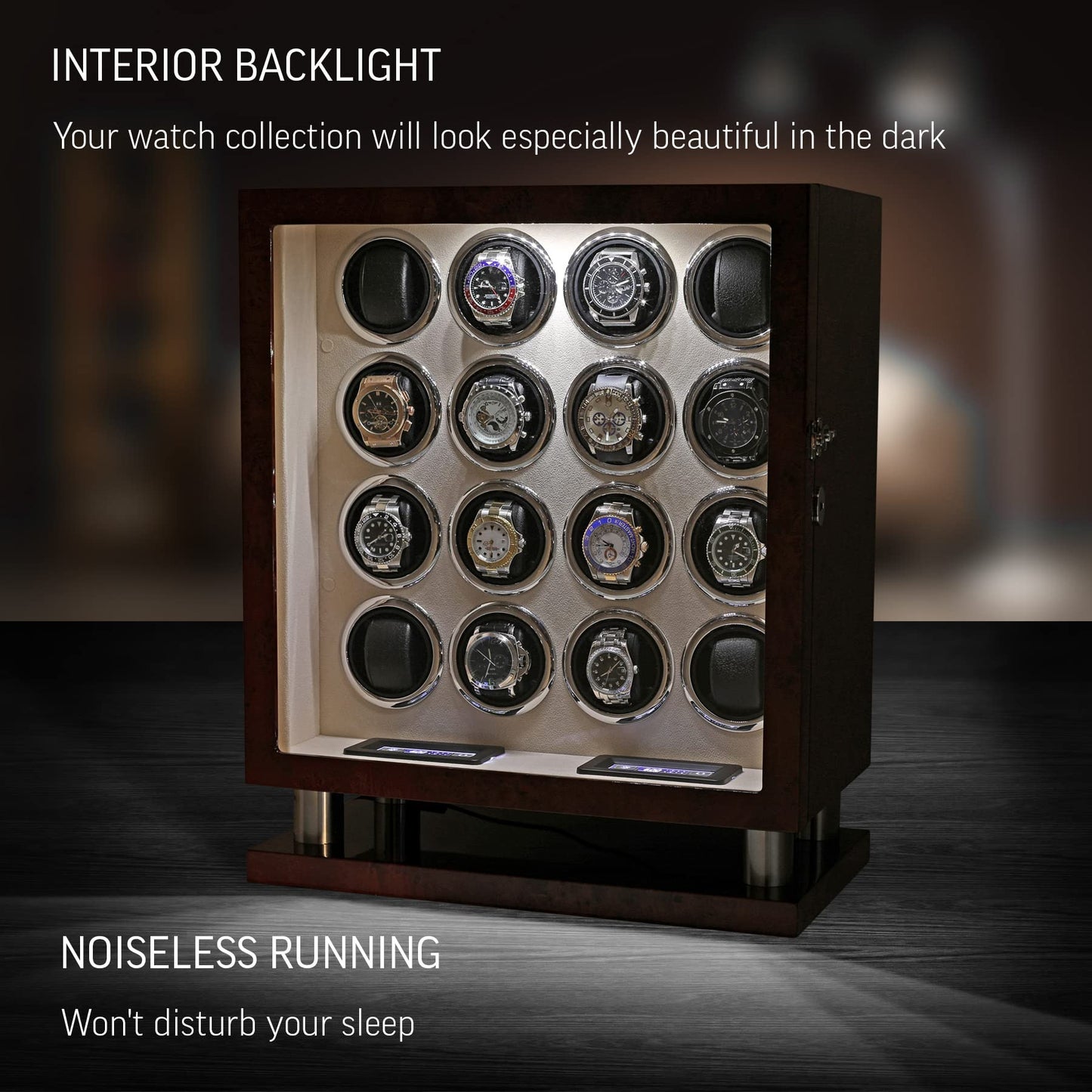 Watch Winder for 16 Automatic Watches with LED Backlight and LCD Touchscreen Control (Dark Burl + Beige)
