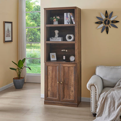 DiMorture 81" Tall Bookcase with USB Port, Wooden Book Cases Organizer with 3 Open Shelves and 2 Doors, Free-Standing Library Bookshelf Side Cabinet for Living Room, Bedroom (Brown)