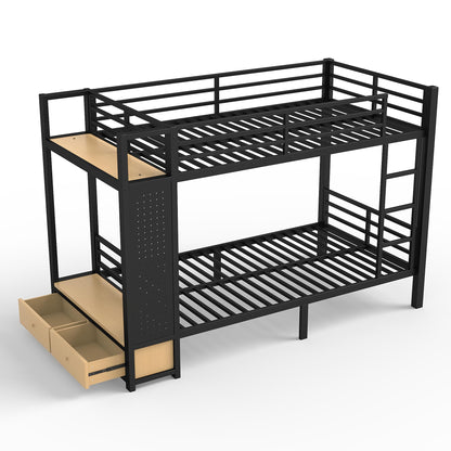 Bellemave Bunk Bed Twin XL Over Twin XL,Metal Bunk Bed with Shelf and Guardrails,Queen Bunk beds with Storage Drawers and Clothes Hooks for Kids, Teens & Adults（Black）