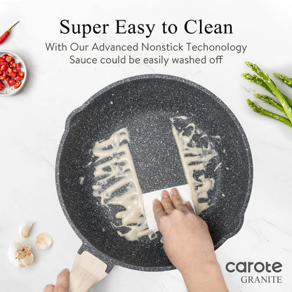 CAROTE 12 Inch Nonstick Deep Frying Pan with Lid, 5.5 Qt Jumbo Cooker Saute Pan with Pour Spout, Skillet Induction Cookware, Non Stick Cooking Pan PFOA Free, Classic Granite