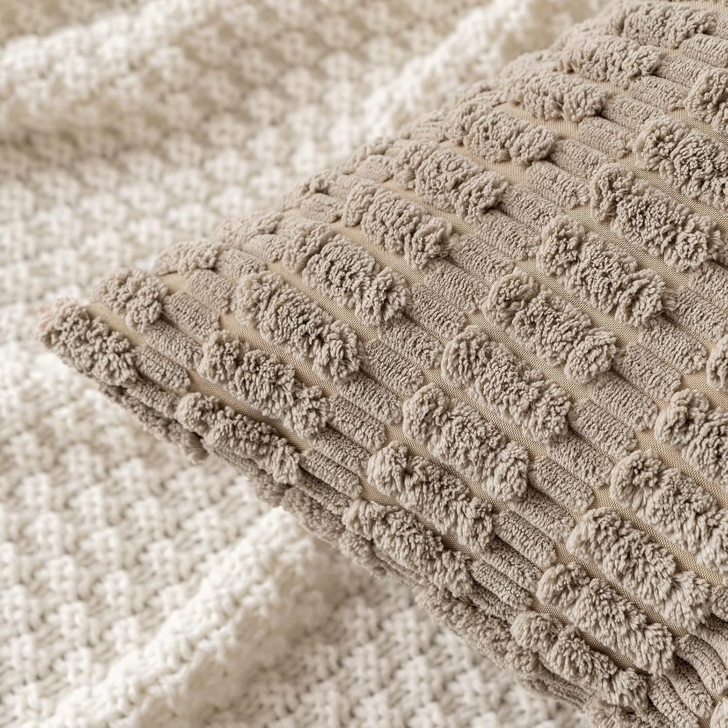 MIULEE Corduroy Decorative Throw Pillow Covers - Soft Boho Striped Design, 20x20 Inch, Light Brown | Modern Farmhouse Decor for Sofa & Couch