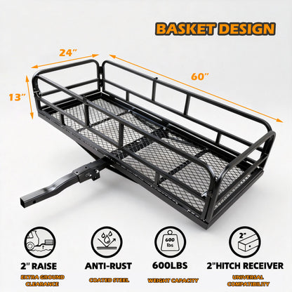 fouwick 60" x 24" x 13" Hitch Cargo Carrier, 600 Lbs Heavy Duty Folding Luggage Rack for SUV & Truck, Steel Mesh Cargo Carrier Hitch Mount Fits 2" Receiver，with 57x22x13 Waterproof Bag