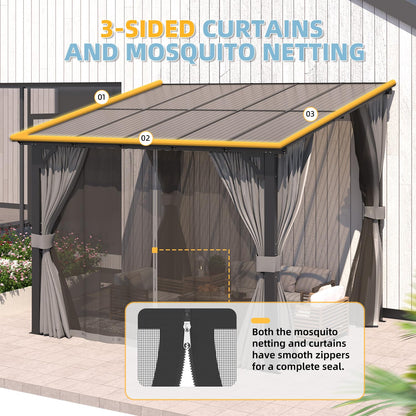 AECOJOY 10’ x 10’ Gazebo, Wall Mounted Gazebos Pergola with Curtains and Mosquito Netting, Enhanced Protective Outdoor Patio Lean to Gazebo Awnings for Deck, Porch, Backyard and Outside