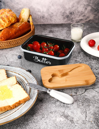 Butter Dish with Lid for Countertop, AISBUGUR Metal Butter Keeper with Stainless Steel Multipurpose Butter Knife, Butter Container with Double High-quality Silicone Good Kitchen Gift Set of 2 Black