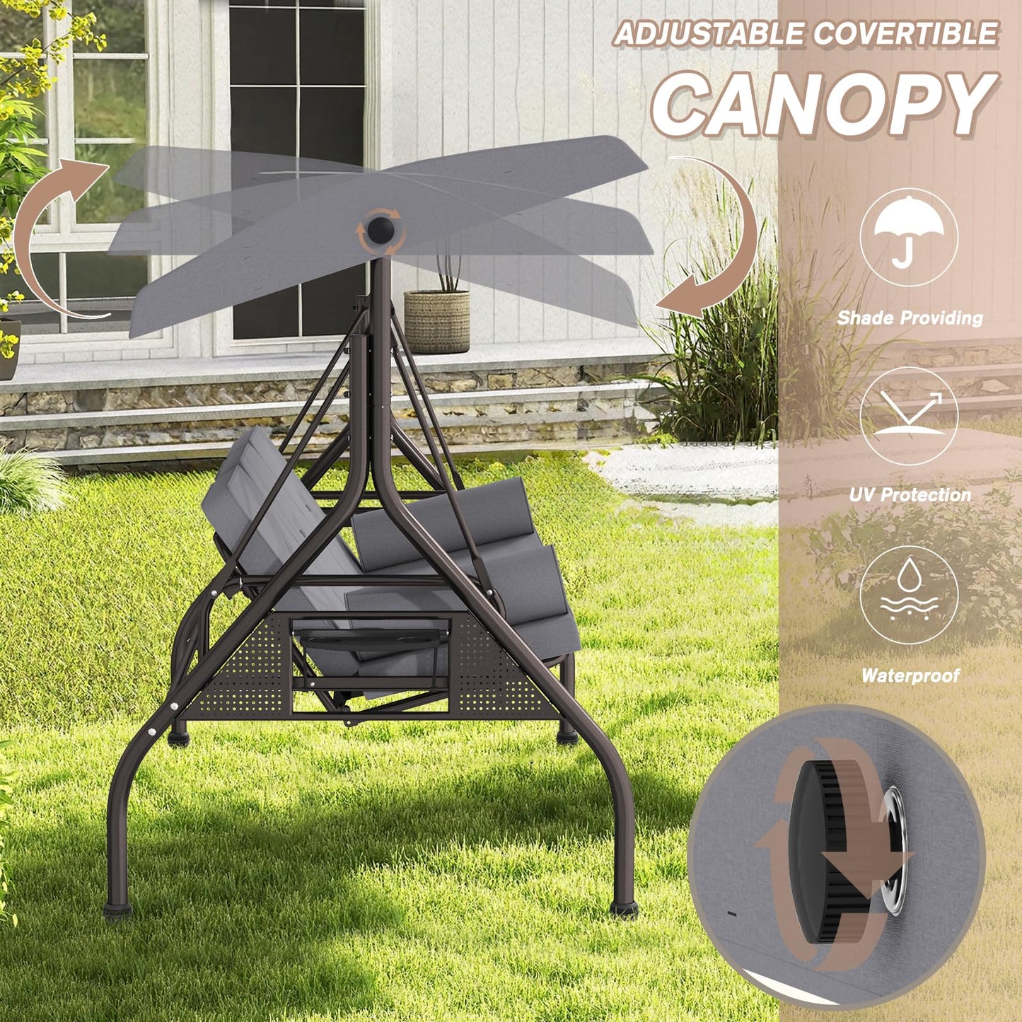 Patiomore 3 Seat Outdoor Porch Swing Chair, Adjustable Canopy Swing Bench, Convertible Backrest Swing Bed with Thicken Cushions, Pillow & Cup Hold (Grey), Gray