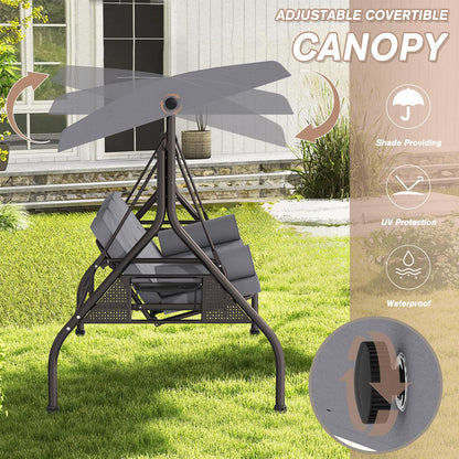 Patiomore 3 Seat Outdoor Porch Swing Chair, Adjustable Canopy Swing Bench, Convertible Backrest Swing Bed with Thicken Cushions, Pillow & Cup Hold (Grey), Gray