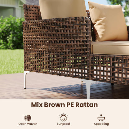 Tangkula Outdoor Rattan Double Daybed, Boho Wicker Chaise Lounge for 2 with Seat & Back Cushions, Outdoor Sunbed Loveseat with Metal Support for Backyard, Poolside & Deck (Brown)