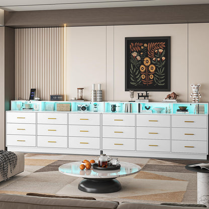 UNIQUITE White 9 Drawer Dressers for Bedroom, Modern Large Dresser with LED Light and Power Outlet, Wooden Long Dresser for Bedroom, Entryway, Hallway