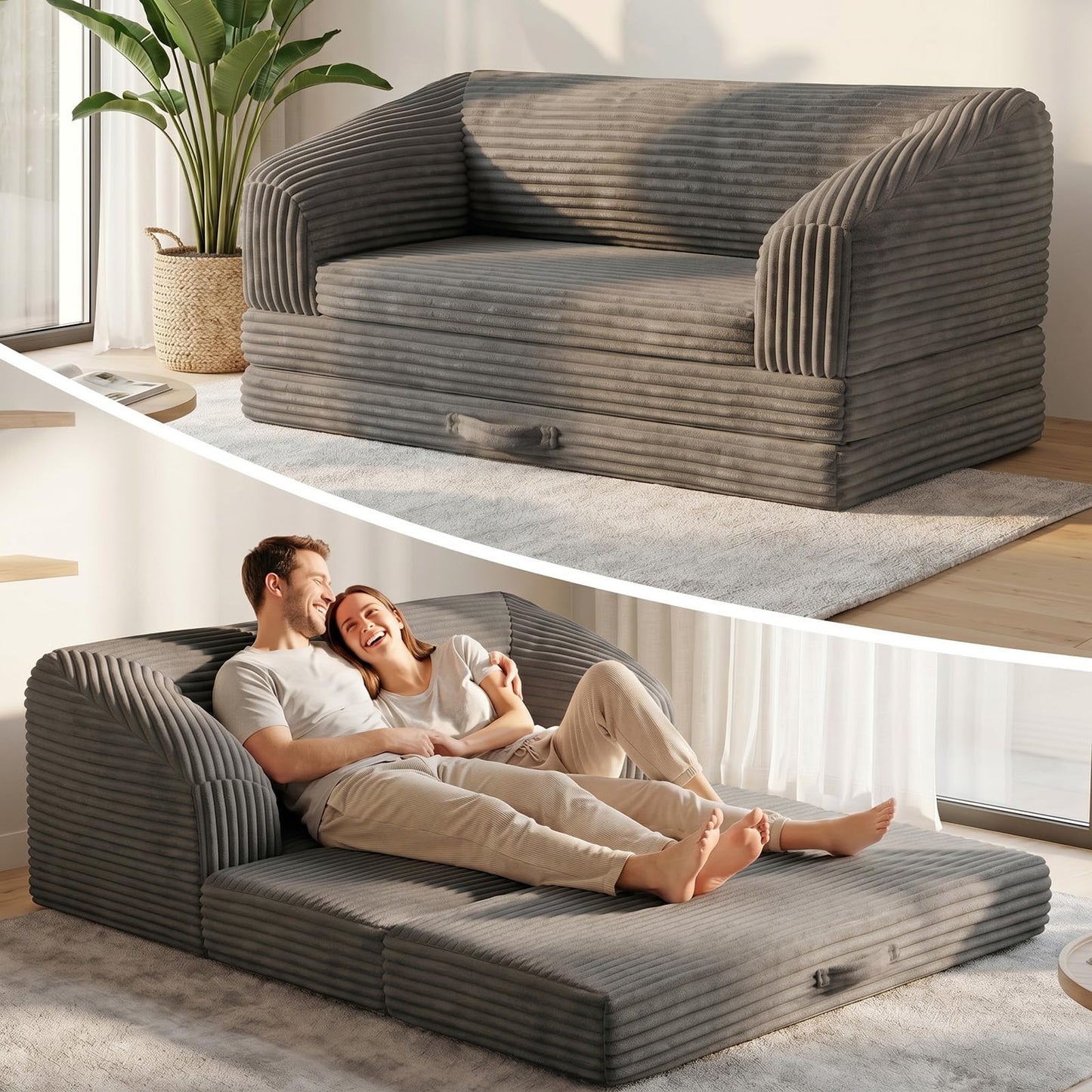 AOLVDOW Loveseat 51 inch, 2-in-1 Convertible Tri-Folding Sofa Bed with Thick Backrest & Carry Handle, Gray Foldable Couch Bed Lounger Sleeper Sofa for Living Room, Guest Room, Soft Corduroy