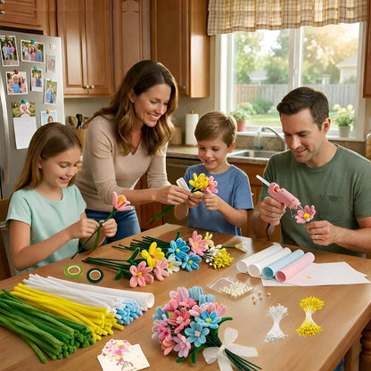Party Rose 650PCS Pipe Cleaners Craft, Pipe Cleaner Bulk Flower Kit, 6 Colors Chenille Stems Flower Making Kit with Floral Wires, Gardening Tape, Stamens
