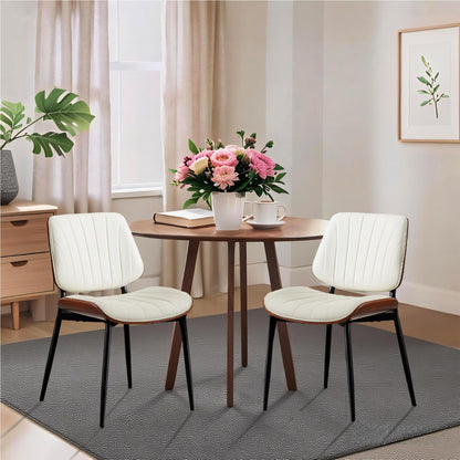 GarveeHome Dining Chairs Set of 6, Mid-Century Modern PU Leather Upholstered Accent Chairs with Shell Strips, Dining Room and Kitchen Chairs with Walnut Wood and Metal Legs, White