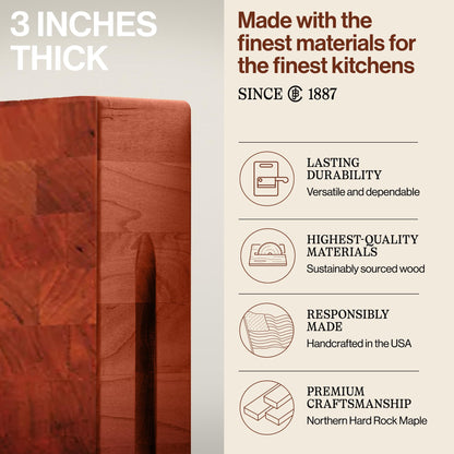 John Boos CCB Series Square Wooden Cherry Cutting Board 14”x14” – 3” Thick, 12-lb Reversible Butcher Block with End-Grain & Finger Grips – Made in the USA