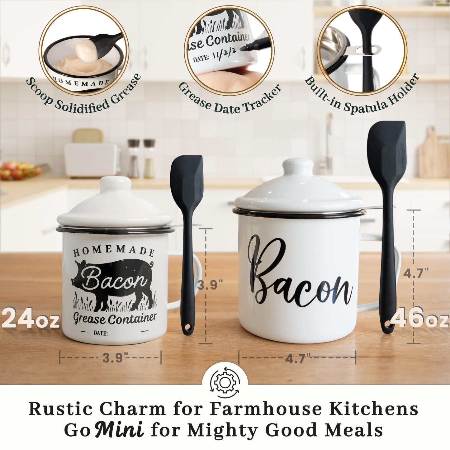 Ayerphalo Bacon Grease Container with Strainer - With Food-Grade Silicone Spatula, 24oz Enamel Rustic Farmhouse Fat Container, Keeper, Recipes, Dishwasher Safe