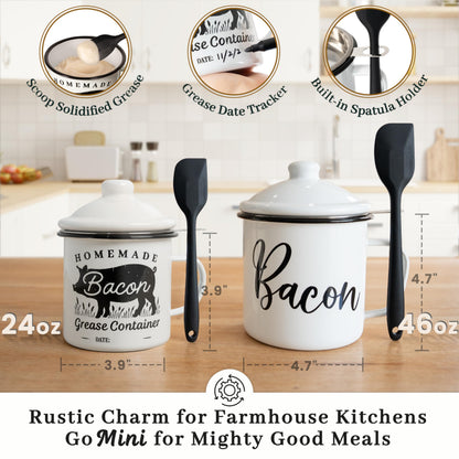 Ayerphalo Bacon Grease Container with Strainer - With Food-Grade Silicone Spatula, 24oz Enamel Rustic Farmhouse Fat Container, Keeper, Recipes, Dishwasher Safe