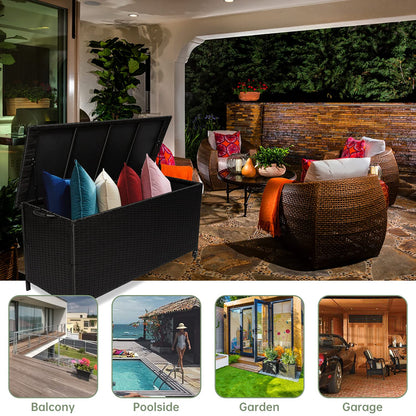 Outdoor Wicker Storage Box, Rattan Woven Bin Deck Box, Large Capacity Water-resistant Container for Patio Garden Tools, Pool Toys, Pillows, Cushions (Black)