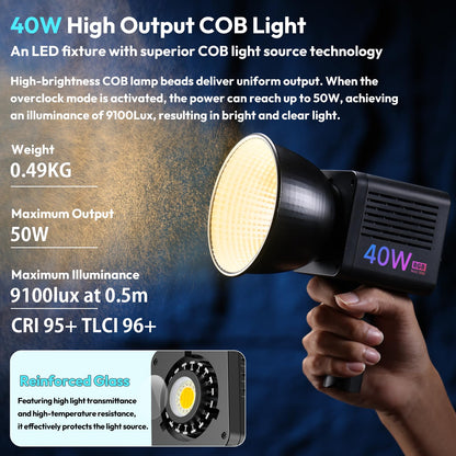 ULANZI 40W Pro RGB Portable LED Video Light w DC Power Adapter, 3400mAh Build-in Battery Metal Mini Adjustable Color Temperature COB Continuous Output Lighting Handheld Spotlight 2500K-6500K for Video